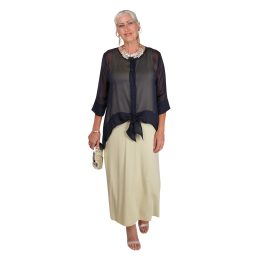Camel Bamboo Maxi Dress layered under Silk Navy top