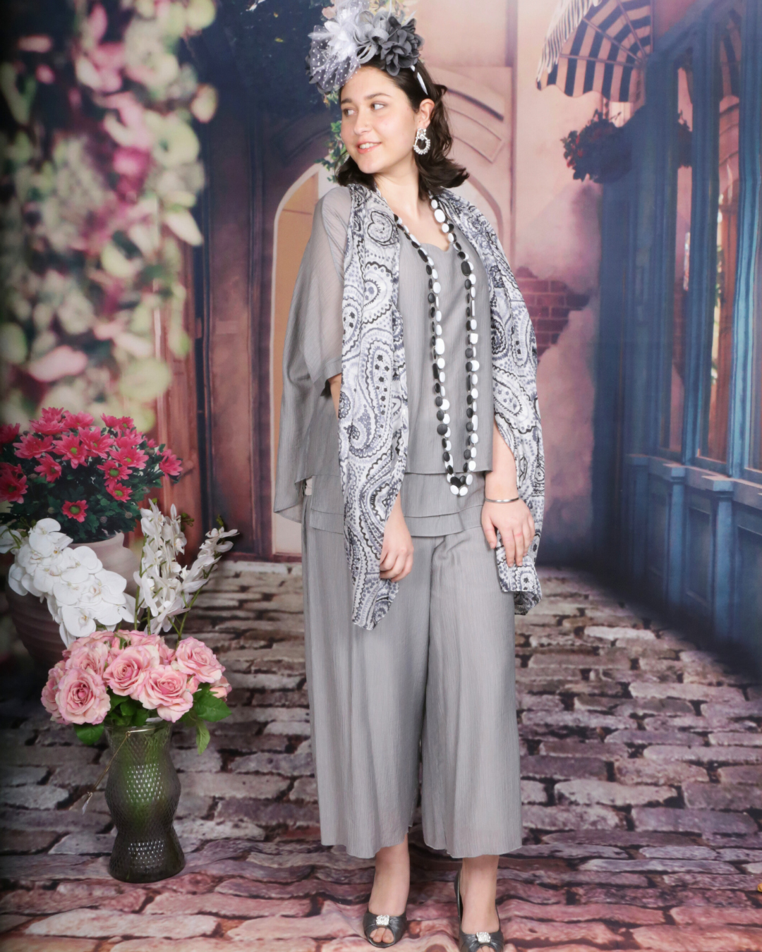 Gallop Grace Silver twin set with a lined top and pants, featuring a sheer lightweight outer fabric, perfect for elegant racewear for ladies.