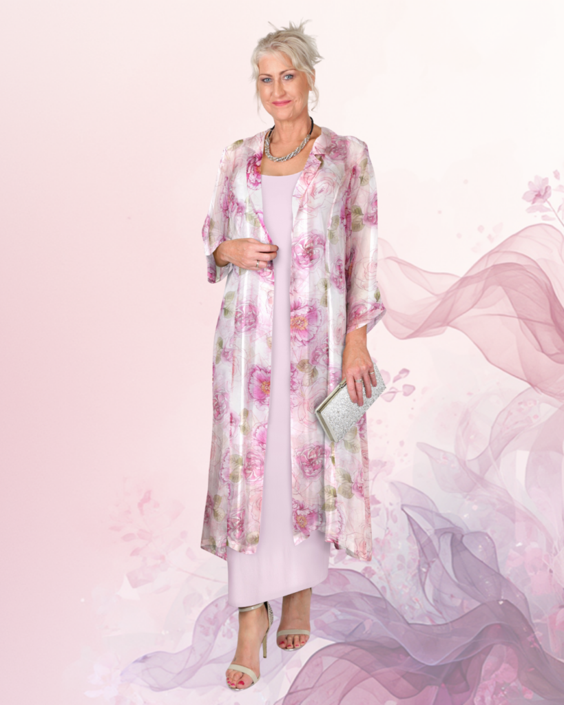 Elegant Lilac Love Duster paired with Bamboo Maxi Slip in Musk, perfect for wedding guests.